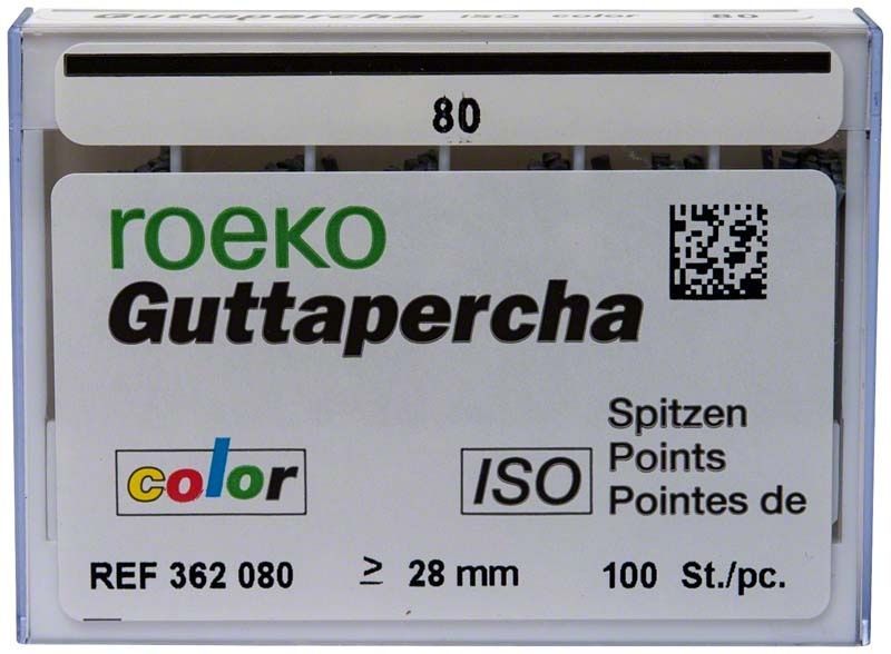 Guttapercha-Spitzen ROEKO Gr. 080 schwarz in Verpackung mit Farbcodierung.