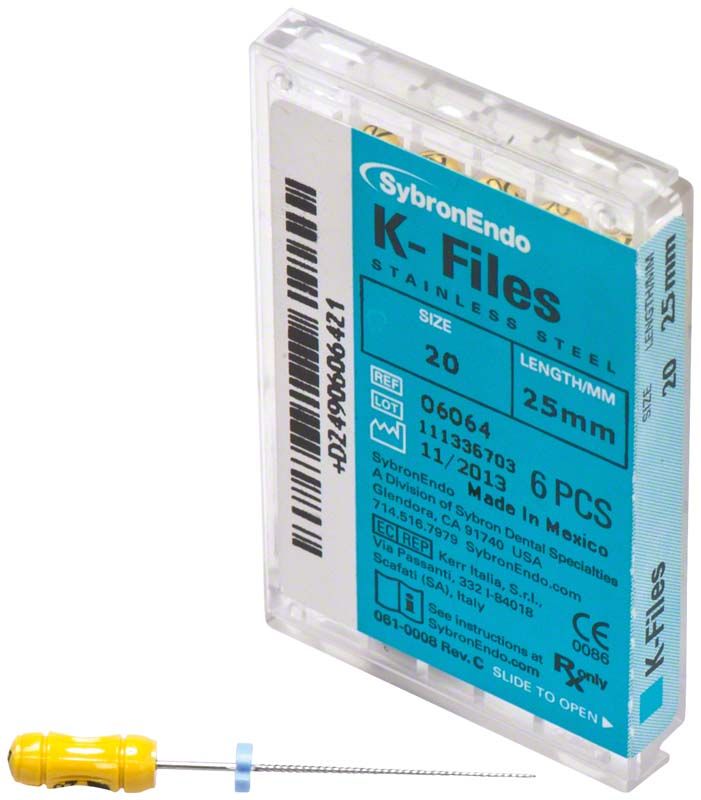 SybronEndo K-Feilen 25mm ISO 020 in Verpackung mit gelbem Griff.