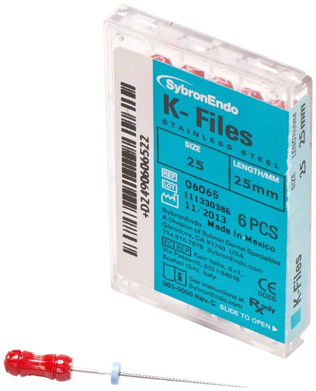 SybronEndo K-Feilen 25mm ISO 025 in Verpackung mit rotem Handgriff.