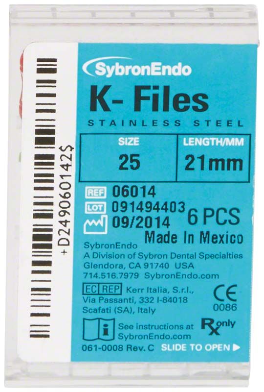 SybronEndo K-Feilen 21mm ISO 025 in Kunststoffverpackung mit Etikett.