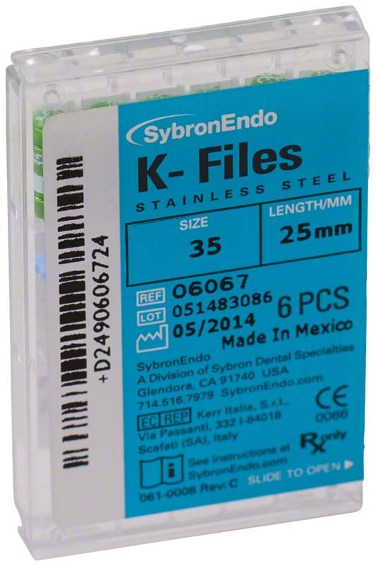 SybronEndo K-Feilen 25mm ISO 035 in Kunststoffverpackung mit Etikett.
