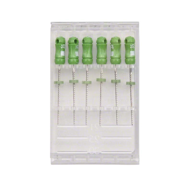 Sechs grüne SybronEndo K-Feilen 21mm ISO 035 in transparenter Kunststoffverpackung.