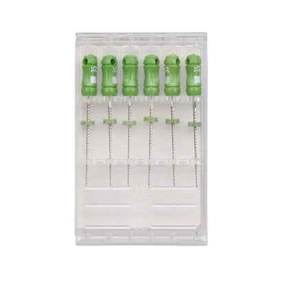 Sechs grüne SybronEndo K-Feilen 21mm ISO 035 in transparenter Kunststoffverpackung.