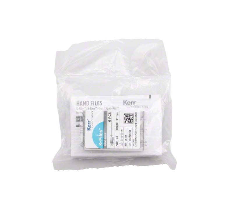 Sechs SybronEndo K-Feilen 21mm ISO 035 in versiegelter Kunststoffverpackung.