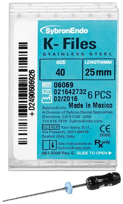 SybronEndo K-Feilen 25mm ISO 040 in Verpackung mit Einzelansicht einer Feile.