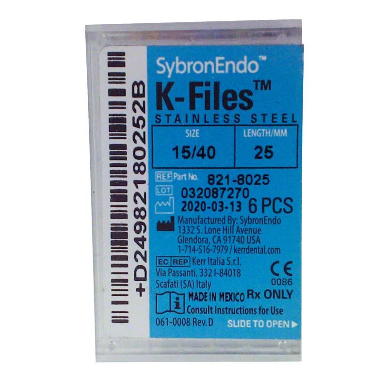 SybronEndo K-Feilen 25mm ISO 015-040, 6 Stück in blauer Verpackung.