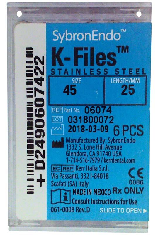 SybronEndo K-Feilen 25mm ISO 045 Verpackung mit Produktinformationen.
