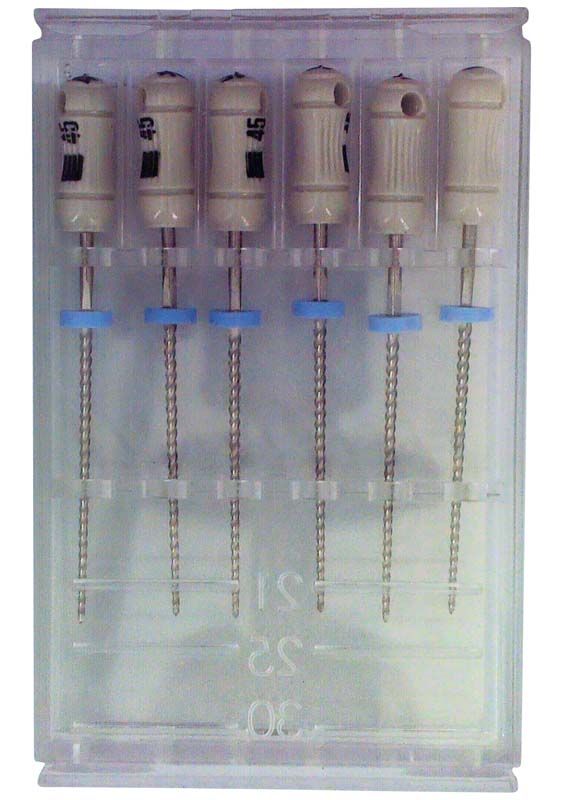 Sechs SybronEndo K-Feilen 25mm ISO 045 in transparenter Halterung.