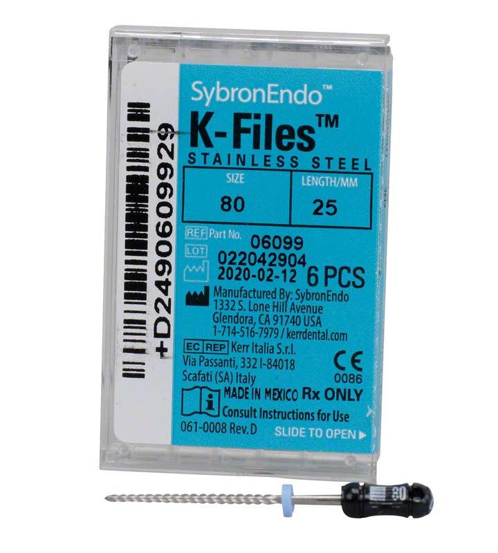 SybronEndo K-Feilen 25mm ISO 080 in Verpackung mit einzelner Feile.