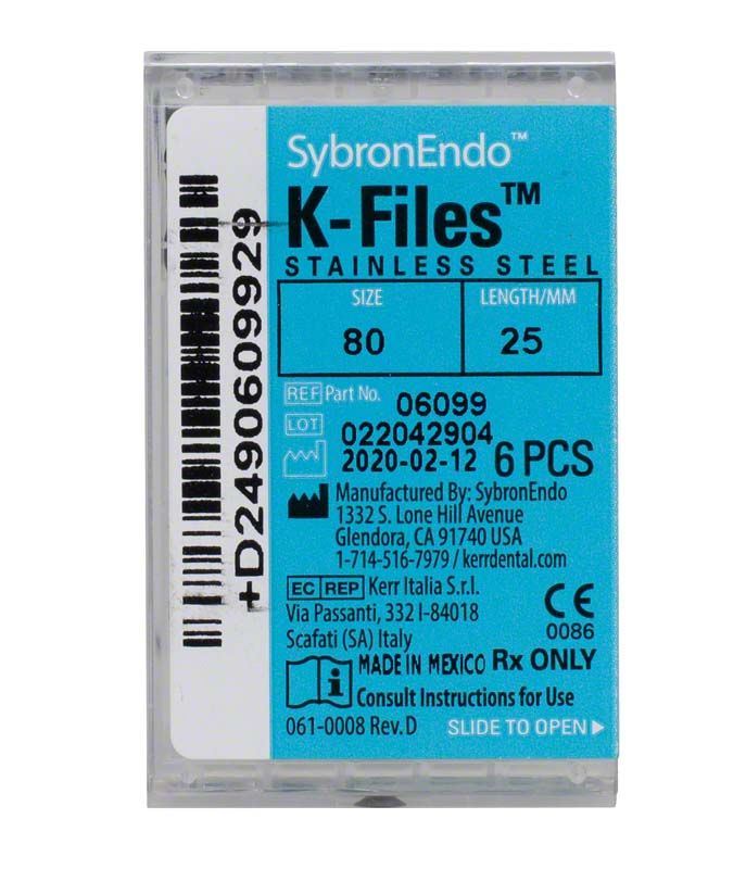 SybronEndo K-Feilen 25mm ISO 080, Edelstahl, Verpackungsetikett mit Größenangaben.