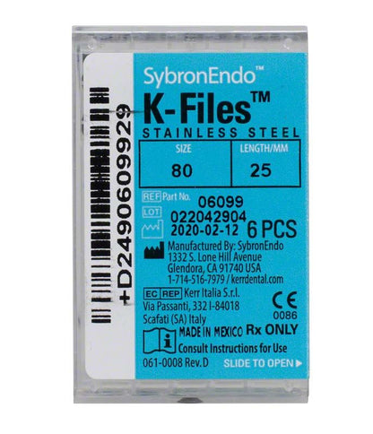 SybronEndo K-Feilen 25mm ISO 080, Edelstahl, Verpackungsetikett mit Größenangaben.