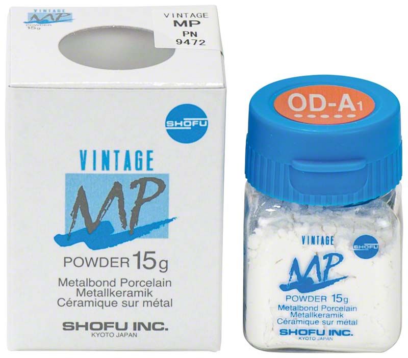 VINTAGE MP Opaque Dentin 15g OD-A1 in Glasflasche mit blauer Kappe und Verpackung.