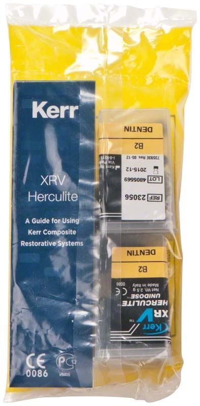 Verpackung von Herculite XRV Dentin Unidose B2 mit Gebrauchsanleitung.