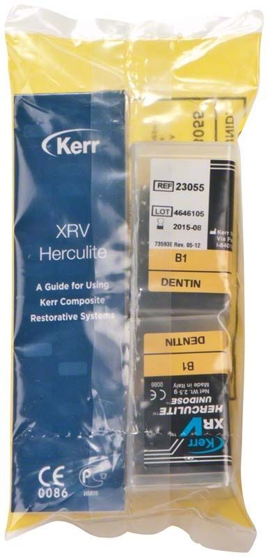 Herculite XRV Dentin Unidose B1 in Kunststoffverpackung mit Produktinformationen.