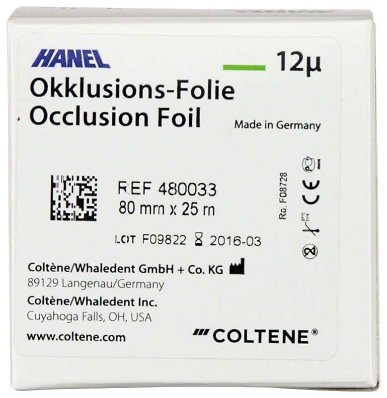 HANEL Okklusionsfolie 80mm 12µ grün in Verpackung von Coltene.
