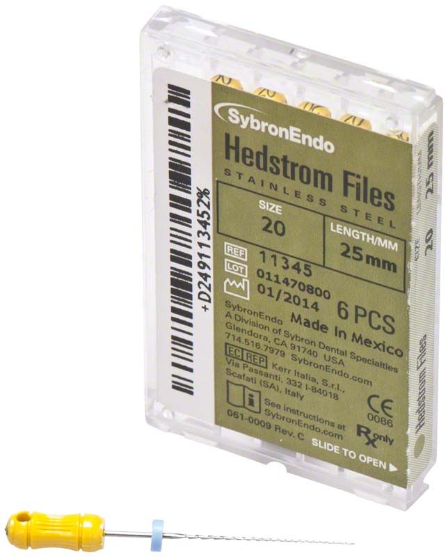 SybronEndo Hedström-Feilen 25mm ISO 020 in Verpackung mit gelbem Griff.