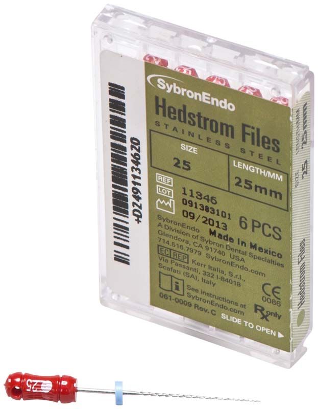 Verpackung von SybronEndo Hedström-Feilen 25mm ISO 025 mit Instrument.