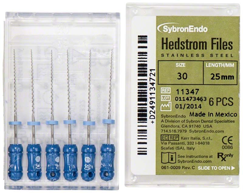 SybronEndo Hedström-Feilen 25mm ISO 030 in Verpackung mit Griffen.