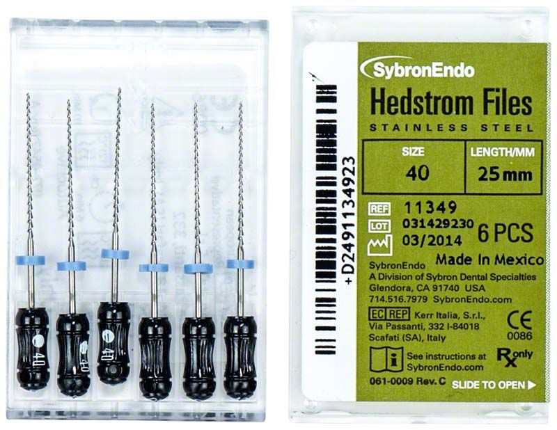 SybronEndo Hedström-Feilen 25mm ISO 040 in Originalverpackung mit ISO-Farbcodierung.