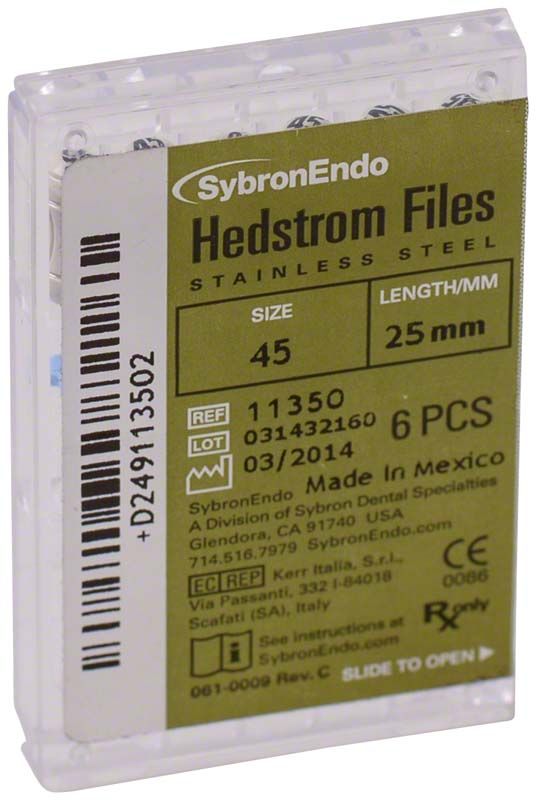 SybronEndo Hedström-Feilen 25mm ISO 045 in Kunststoffverpackung mit Produktinformationen.