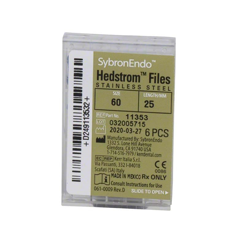 SybronEndo Hedström-Feilen 25mm ISO 060 in Verpackung mit Produktinformationen.