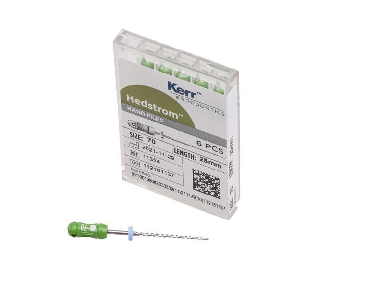 SybronEndo Hedström-Feile 25mm ISO 070 mit grünem Griff und Verpackung.