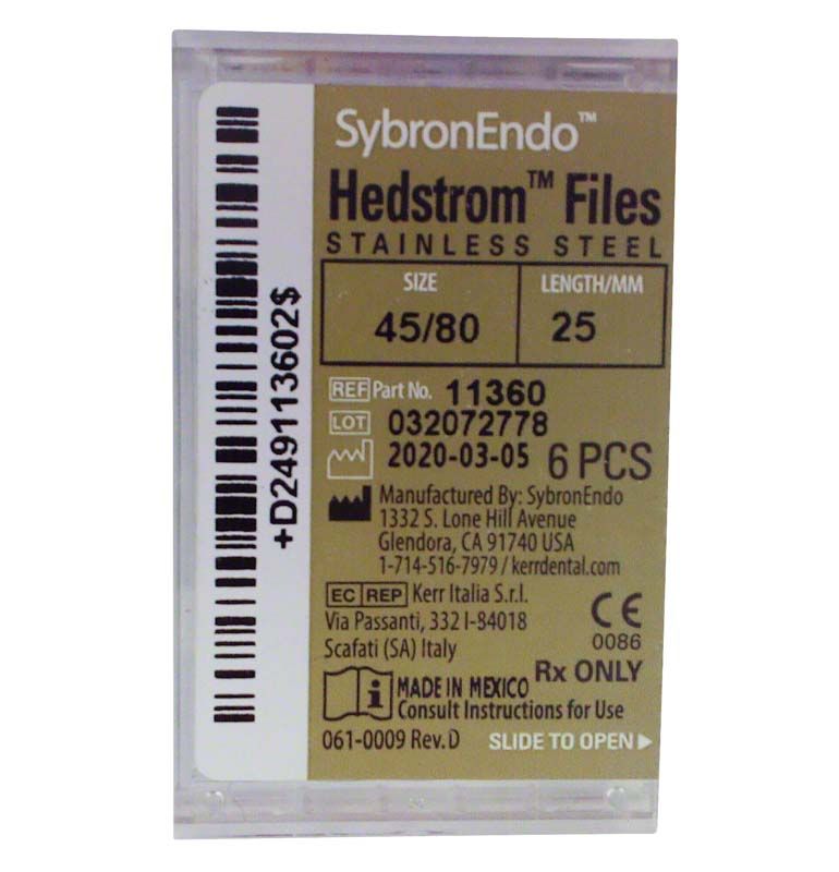 SybronEndo Hedström-Feilen 25mm ISO 045-080 in Verpackung mit Produktinformationen.