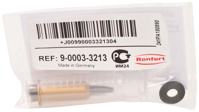 Runddüse Ø 0,65 mm in transparenter Verpackung mit Etikett und Zubehör.