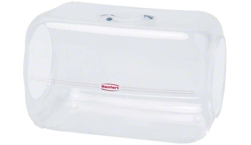 Transparente Acryl-Schleifbox für dentaltechnische Arbeiten mit integriertem Vergrößerungsglas.