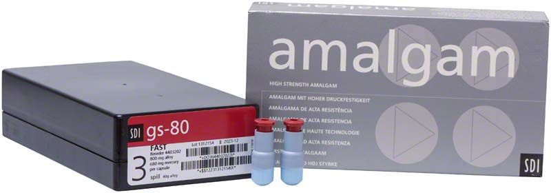 GS-80 Kapseln Gr. 3 neben Verpackung mit Amalgam-Aufschrift.