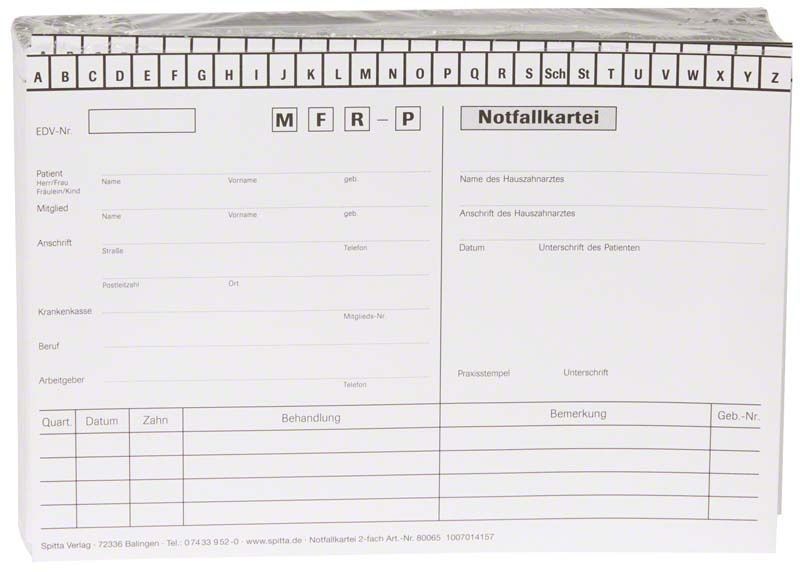 Notfallkartei DIN A5, selbstdurchschreibend, für Patientendokumentation in Zahnarztpraxen.
