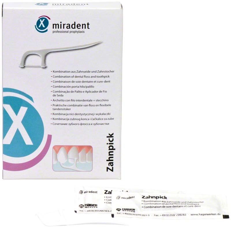 Blisterpackung mit 100 Zahnpick-Zahnseidehaltern von miradent.