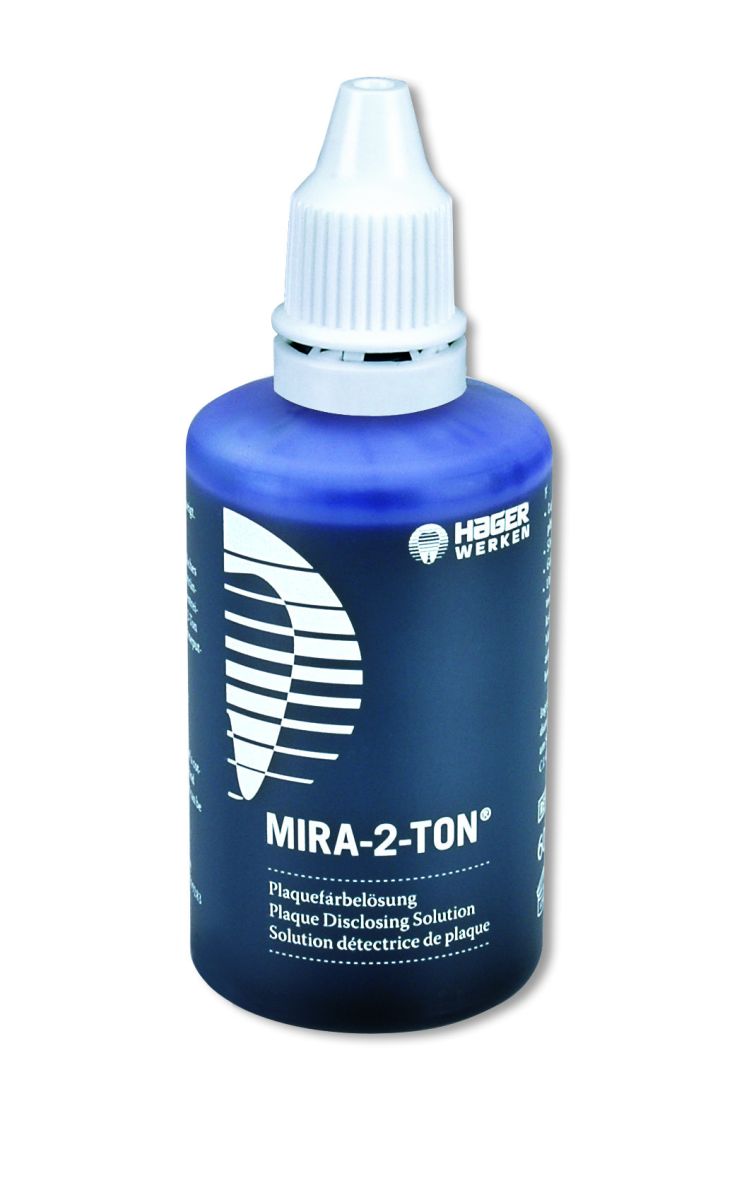 Mira-2-Ton® Plaquelösung 60ml in blauer Kunststoffflasche mit Dosierspitze.