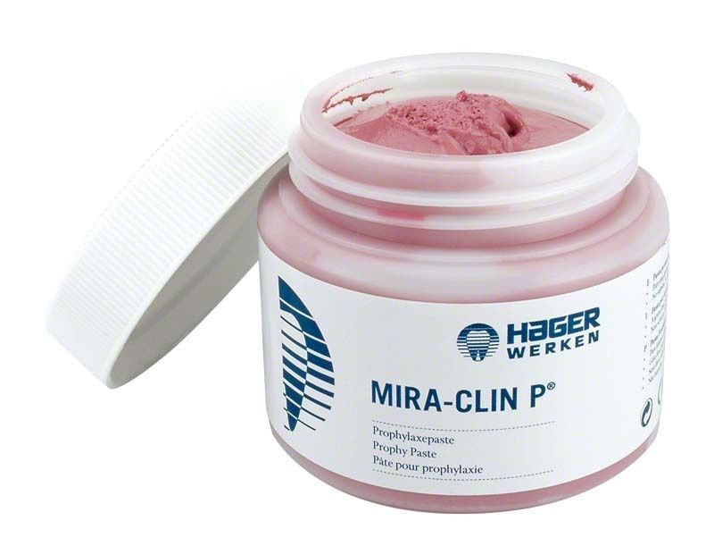 Mira-Clin P Prophylaxepaste 250g, geöffnete Dose mit rosafarbener Paste.
