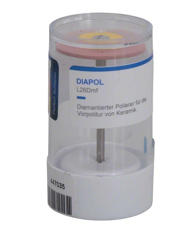 Diamantierter Polierer EVE Diapol Handstück L26Dmf in transparenter Verpackung.
