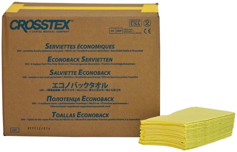 Crosstex Patientenservietten gelb in Verpackung mit gestapelten Servietten daneben.