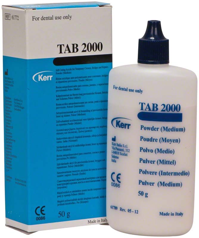 TAB 2000 Pulver mittel für provisorische Kronen und Brücken, blaue Verpackung.