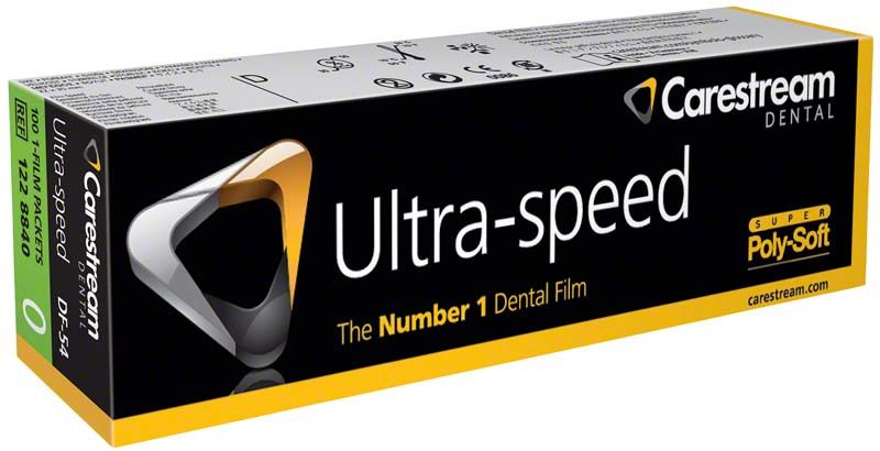 Kodak Ultraspeed Röntgenfilmverpackung mit Carestream-Logo und Produktdetails.