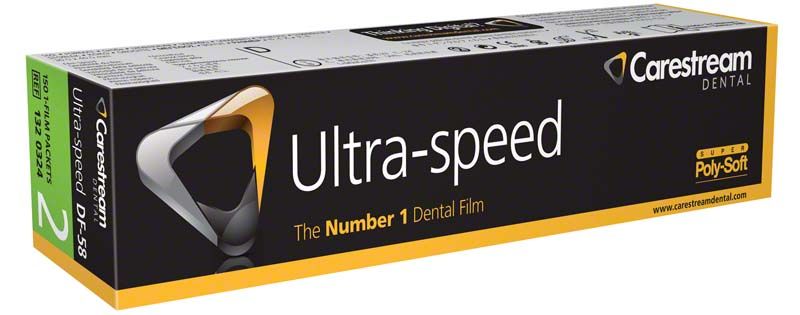 Kodak Ultraspeed Röntgenfilmverpackung mit Carestream-Logo und Produktinformationen.