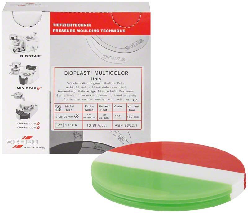 Wechselbissige Gummiaufbissfolie BIOPLAST® Multicolor Italy in italienischen Farben.
