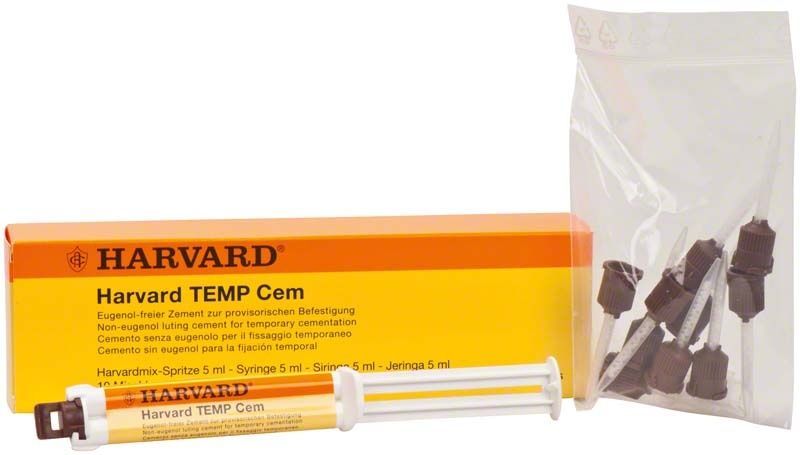 Harvard Temp Cem Spritze 5ml mit Verpackung und Zubehörteilen.