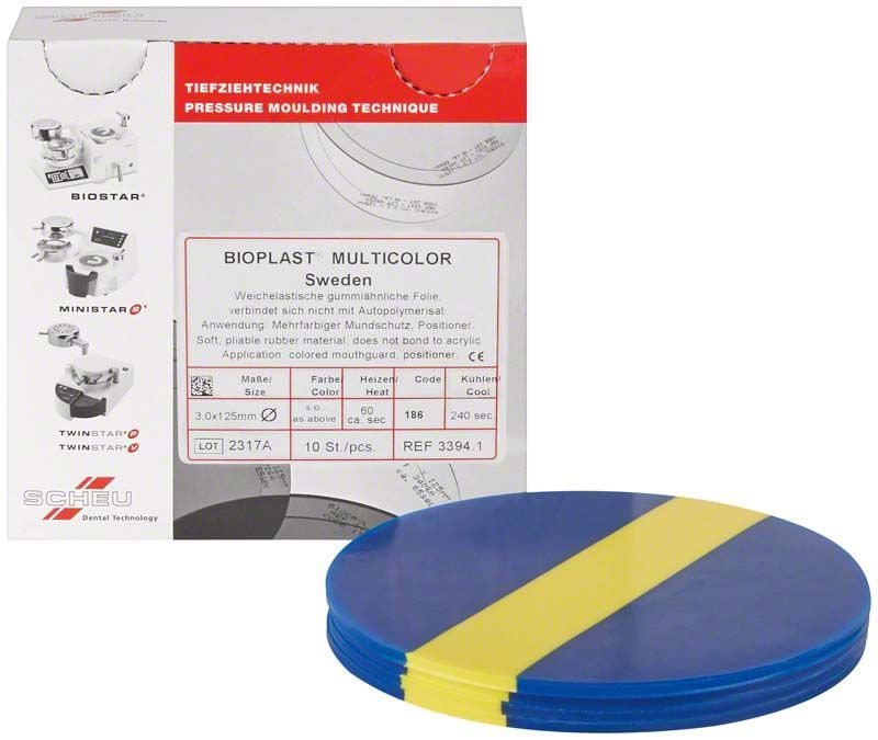 BIOPLAST® Multicolor Sweden Verpackung mit sichtbaren gelb-blauen Kunststoffscheiben.