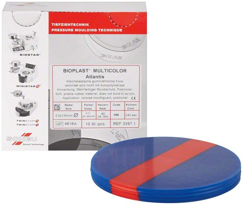 Multifarbige BIOPLAST® Atlantis Folie auf weißem Hintergrund mit Verpackung.