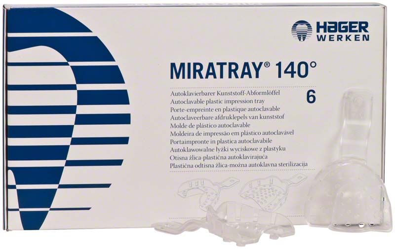 Miratray® 140° OK AS 1 kleiner transparenter Kunststoff-Abformlöffel in Verpackung.