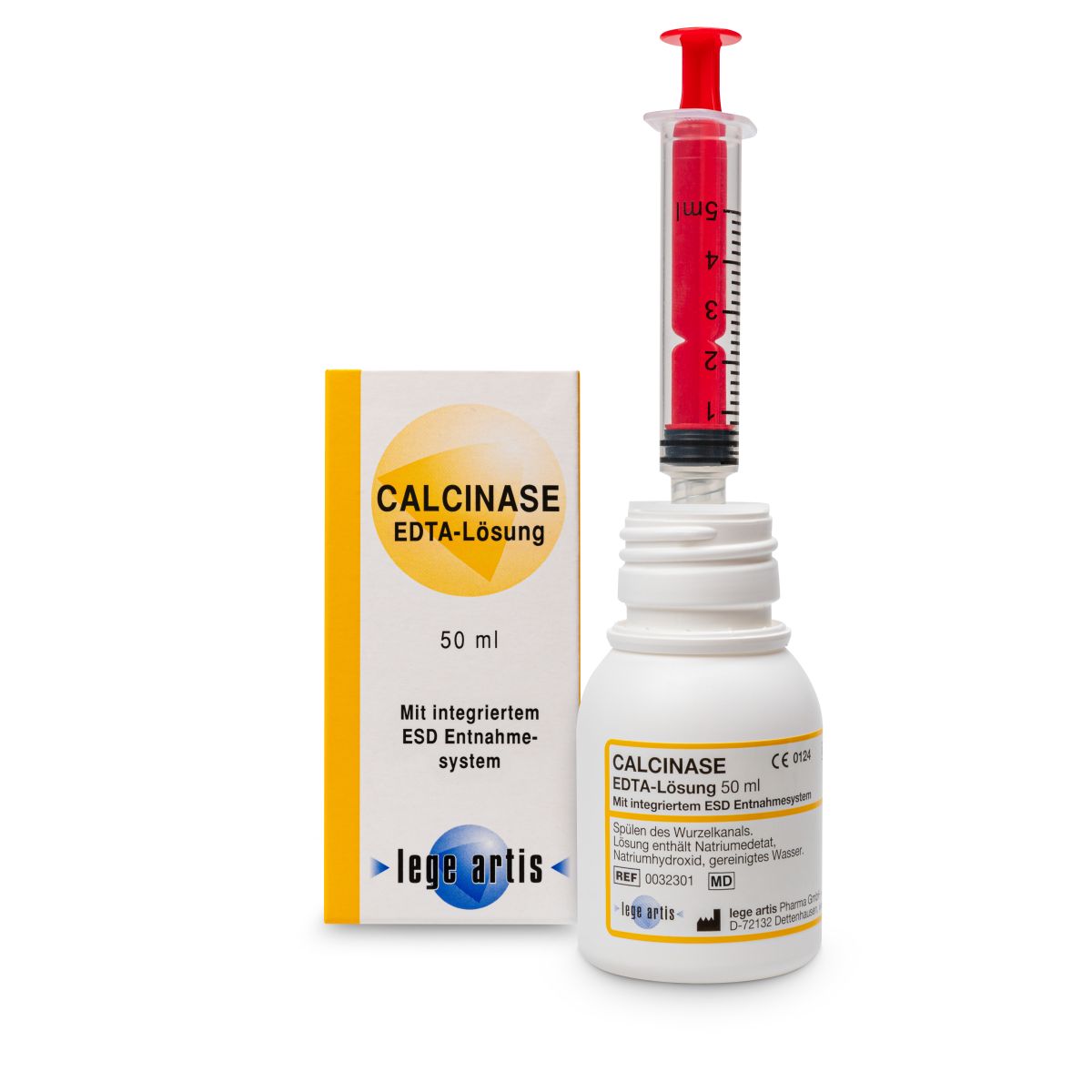 Calcinase EDTA-Lösung 50ml Flasche mit Spritze, Verpackung sichtbar.