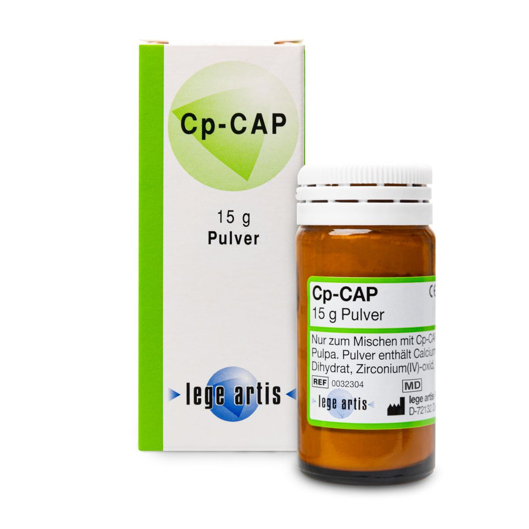 Cp-Cap Zinkoxid-Eugenol-Zement 15g Pulverflasche neben Verpackung.