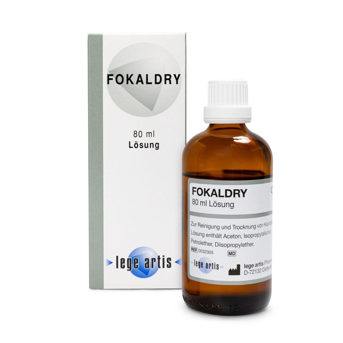 Fokaldry Lösung 80ml Flasche vor Verpackung mit Produktdetails.