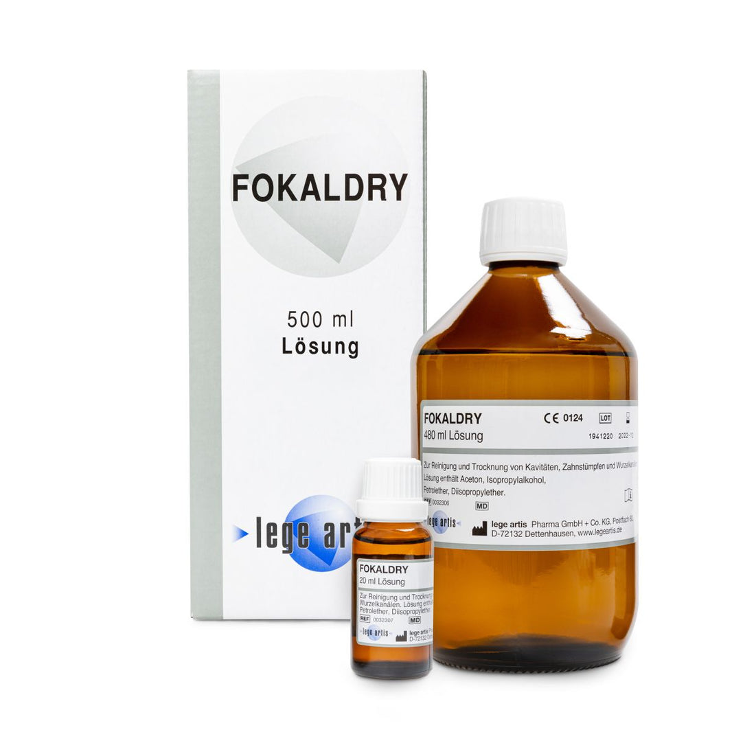 Fokaldry Lösung 500ml Flasche mit Verpackung für den dentalen Einsatz.