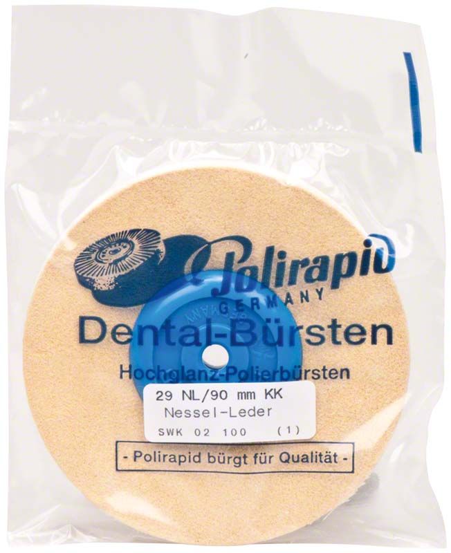 Kombischwabbel Polierscheibe aus Leder und Nesselstoff in transparenter Verpackung.