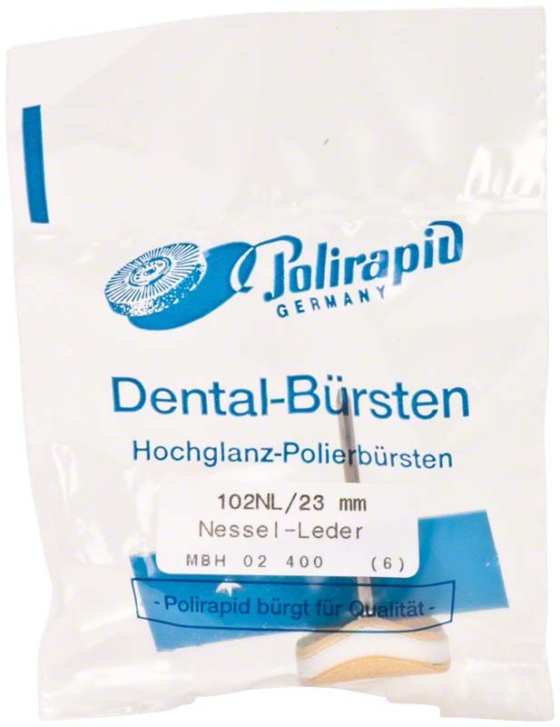Zahnmedizinische Hochglanz-Polierbürsten in Verpackung mit Polirapid-Logo.